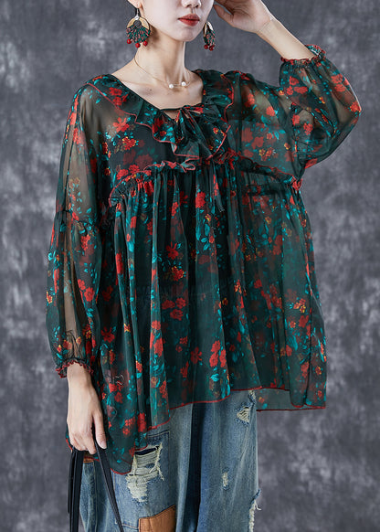 Blackish Green Ruffled Print Chiffon Blouses Summer