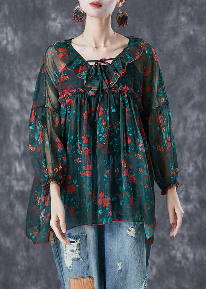 Blackish Green Ruffled Print Chiffon Blouses Summer