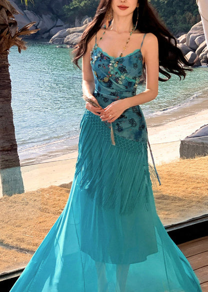 Blue Asymmetrical Patchwork Tassel Maxi Spaghetti Strap Dress Sleeveless