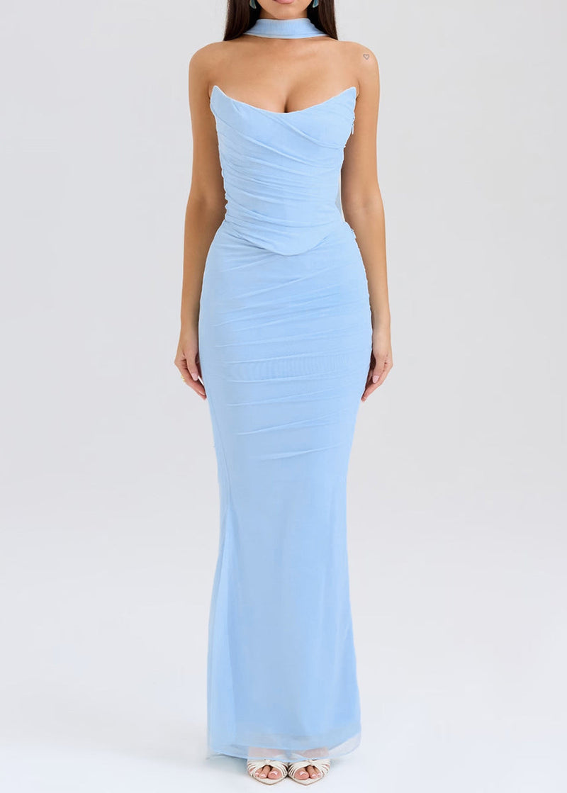 Blue Backless Wraped Tulle Strapless Dress