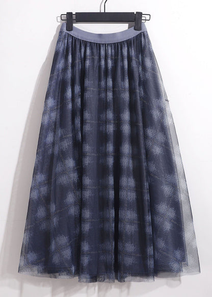 Blue Elastic Waist Print Tulle Skirt Spring