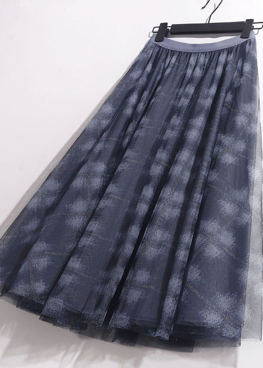 Blue Elastic Waist Print Tulle Skirt Spring