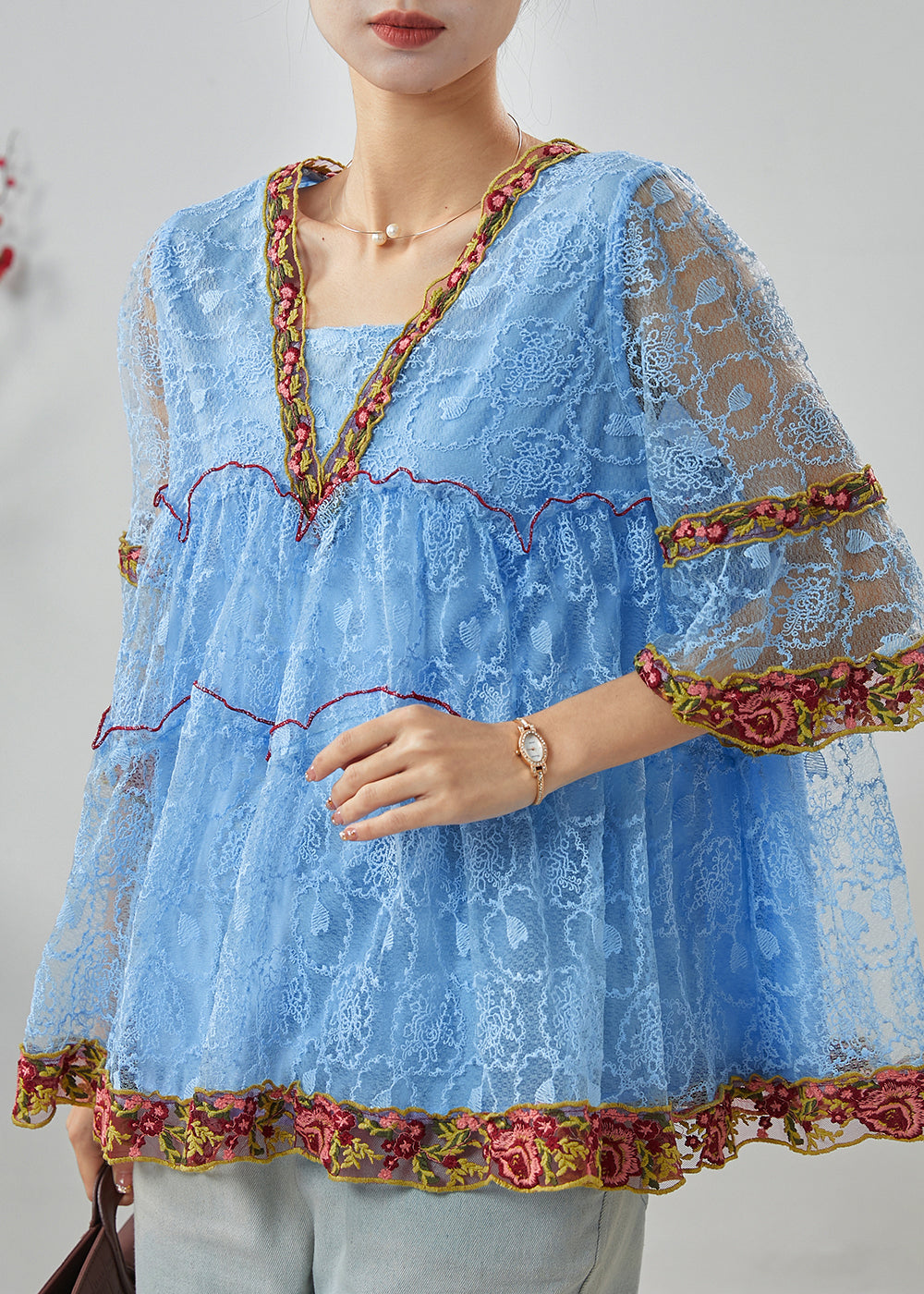 Blue Embroidered Ruffled Lace Shirt Summer
