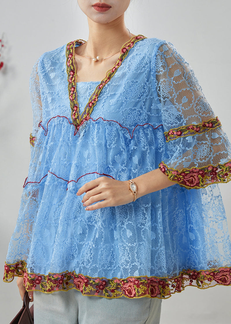 Blue Embroidered Ruffled Lace Shirt Summer