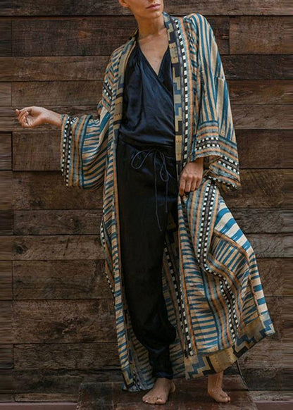 Blue Geometric Print Long Sleeve Kimono Robe Mid Summer Cotton