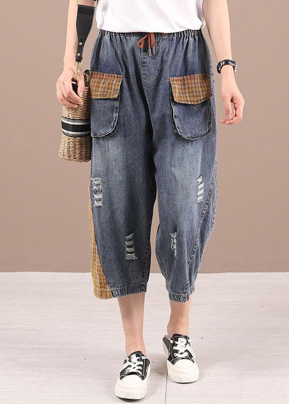 Blue High Waist Pockets Summer Denim Pants