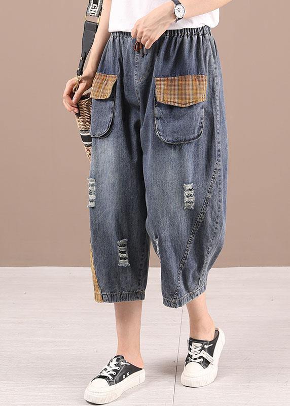 Blue High Waist Pockets Summer Denim Pants