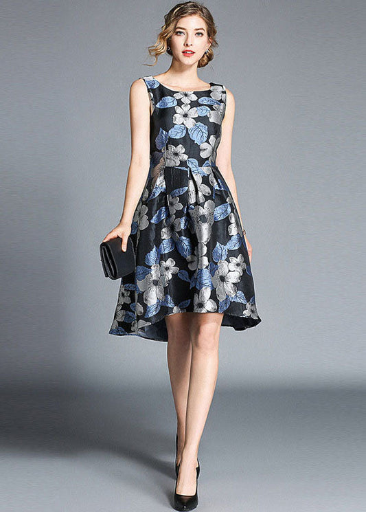 Blue O Neck Jacquard Patchwork Cotton Mid Dress Sleeveless