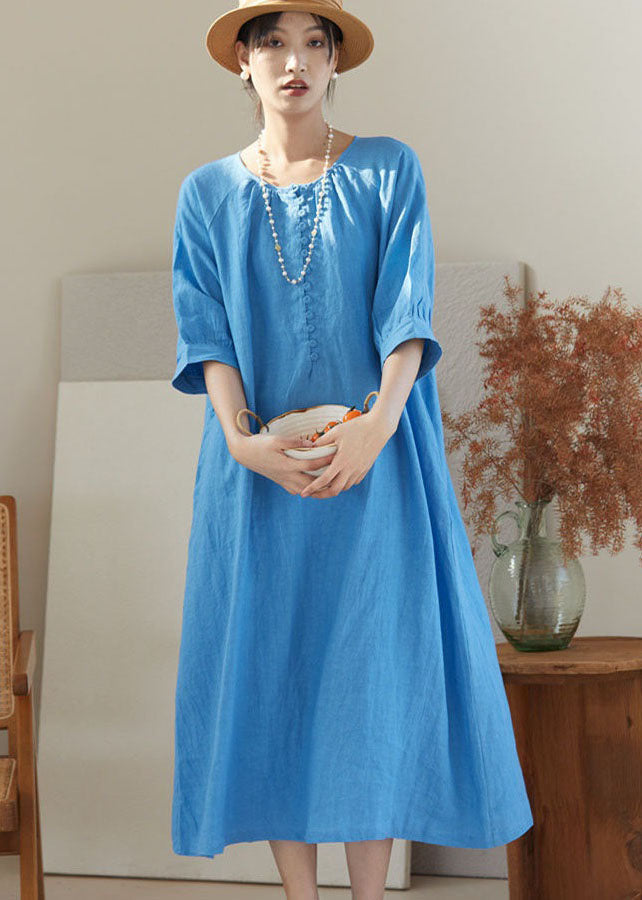 Blue O Neck Patchwork Linen Dresses Bracelet Sleeve