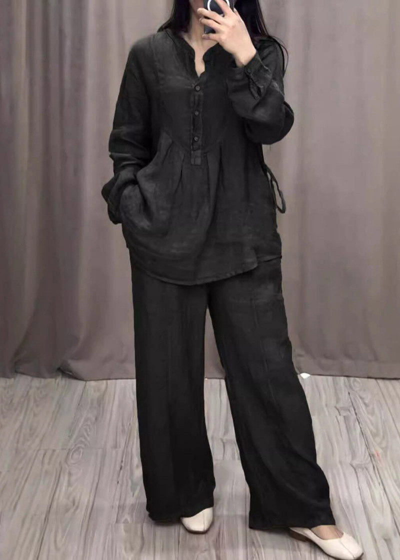 Blue O-neck Shirts and Wide Leg Pants Two Pieces Set Spring