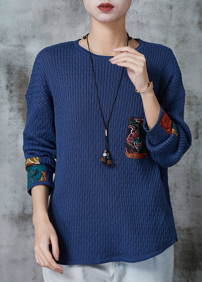 Blue Oversized Patchwork Pocket Knit Sweater Spring
