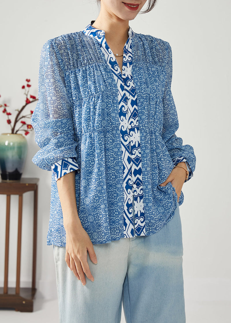 Blue Print Patchwork Wrinkled Chiffon Blouses Spring
