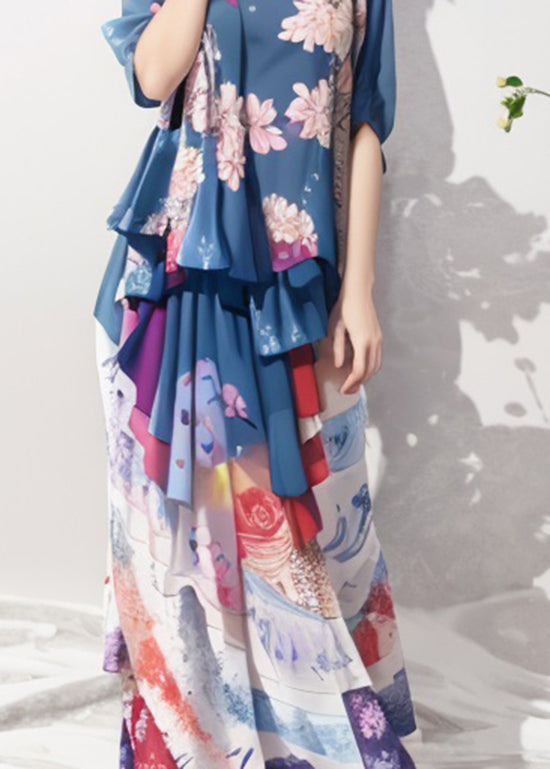 Blue Ruffled Print Patchwork Silk Long Dresses Summer