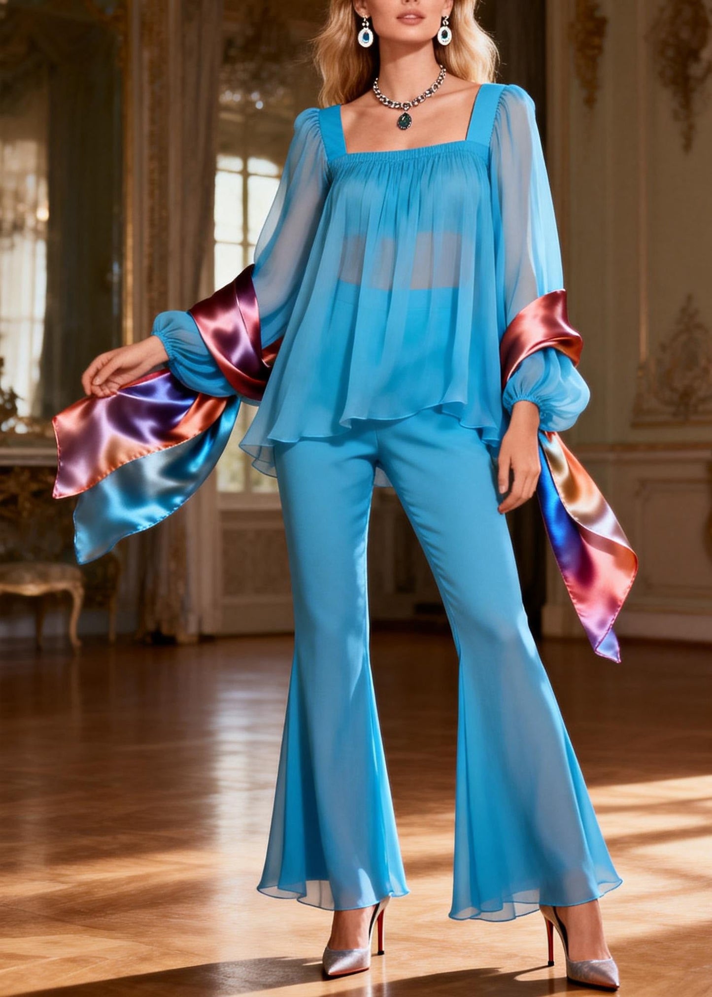 Blue Square Collar Patchwork Silk Two Pieces Set Summer