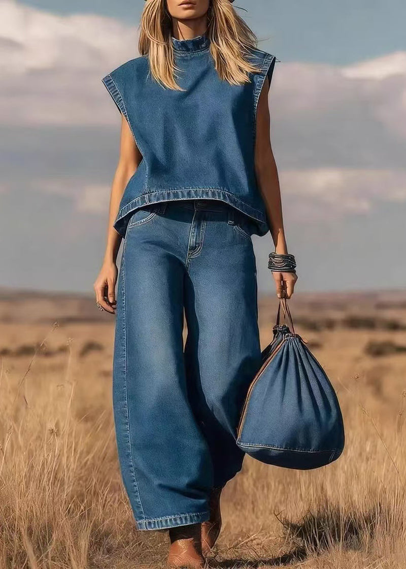 Blue Stand Collar Oversized Denim Two Pieces Set Sleeveless