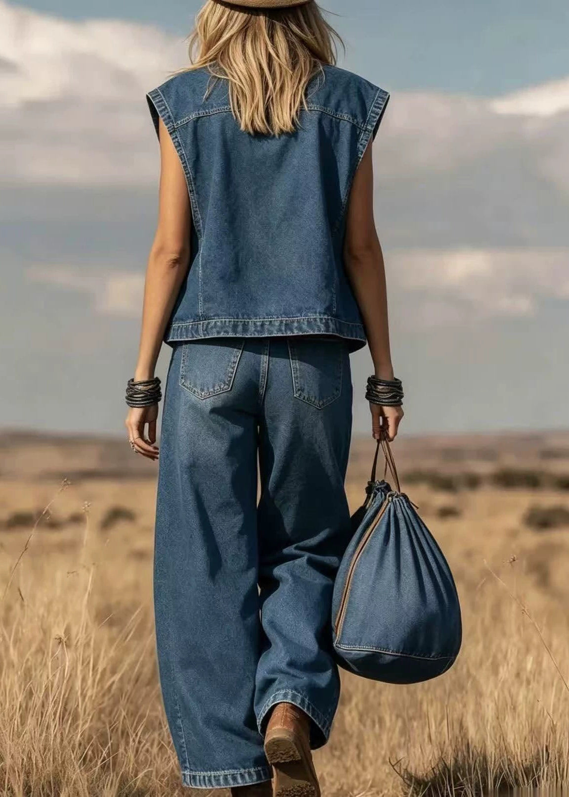 Blue Stand Collar Oversized Denim Two Pieces Set Sleeveless