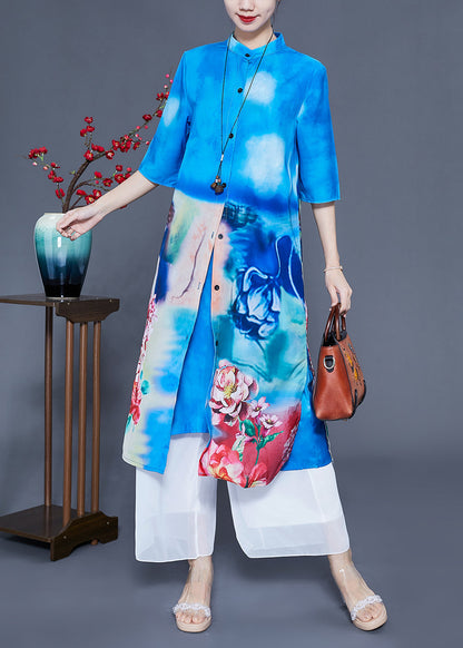 Blue Stand Collar Oversized Print Silk Two Pieces Set Summer