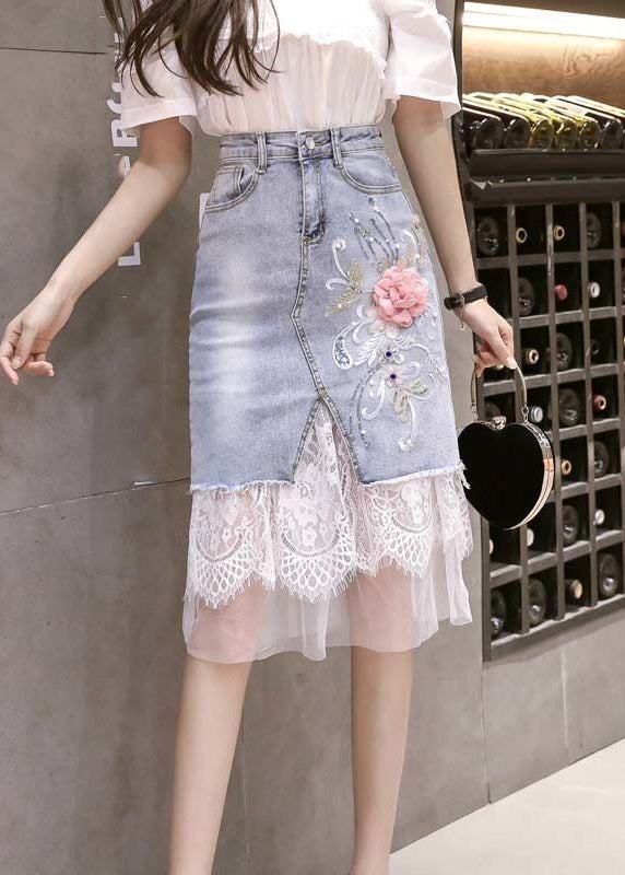 Blue Tulle Patchwork Button Denim Skirt