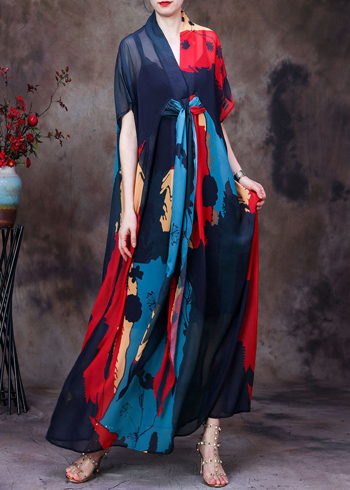 Blue V Neck Print Chiffon Beach Dresses Short Sleeve