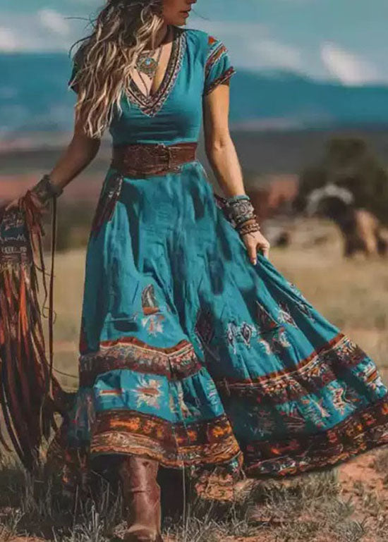 Blue V Neck Print Patchwork Cotton Dress Summer