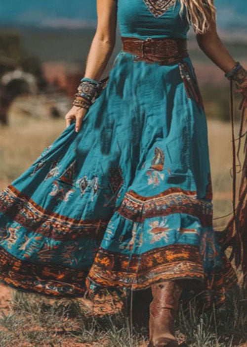 Blue V Neck Print Patchwork Cotton Dress Summer