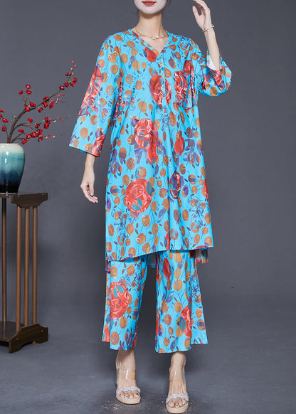 Blue V Neck Print Side Open Two Pieces Set Fall
