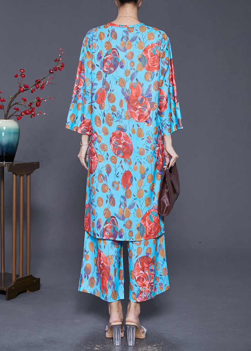Blue V Neck Print Side Open Two Pieces Set Fall