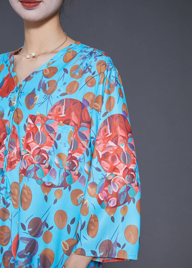 Blue V Neck Print Side Open Two Pieces Set Fall