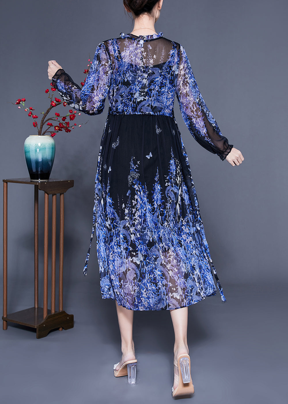 Blue V Neck Ruffled Print Chiffon Holiday Dresses Two Piece Set Summer