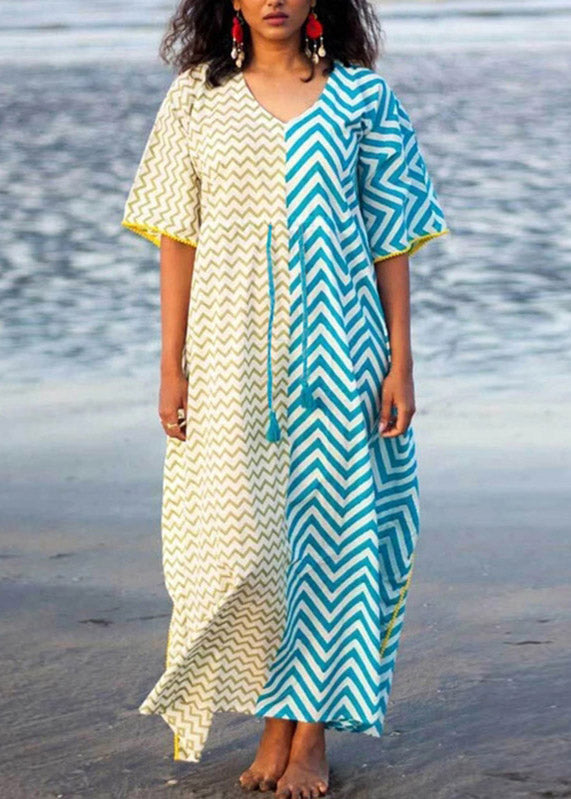Blue Yellow Striped Patchwork Drawstring Tie Waist Maxi Dresses Summer