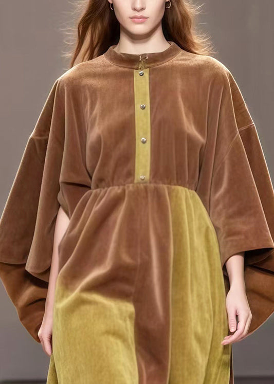 Brown Oversized Gradient Color Corduroy Mid Dresses Spring