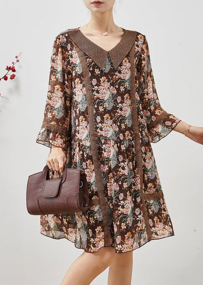 Brown Print Patchwork Lace Holiday Dress Summer