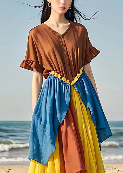 Brown Ruffled Button Patchwork Cotton Dresses Summer