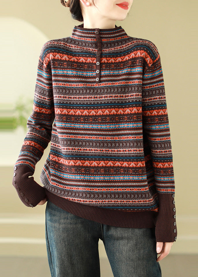 Brown Stand Collar Striped Knit Sweaters Spring
