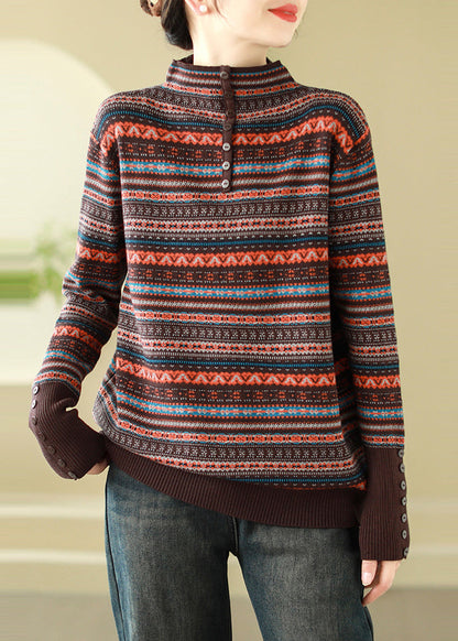 Brown Stand Collar Striped Knit Sweaters Spring