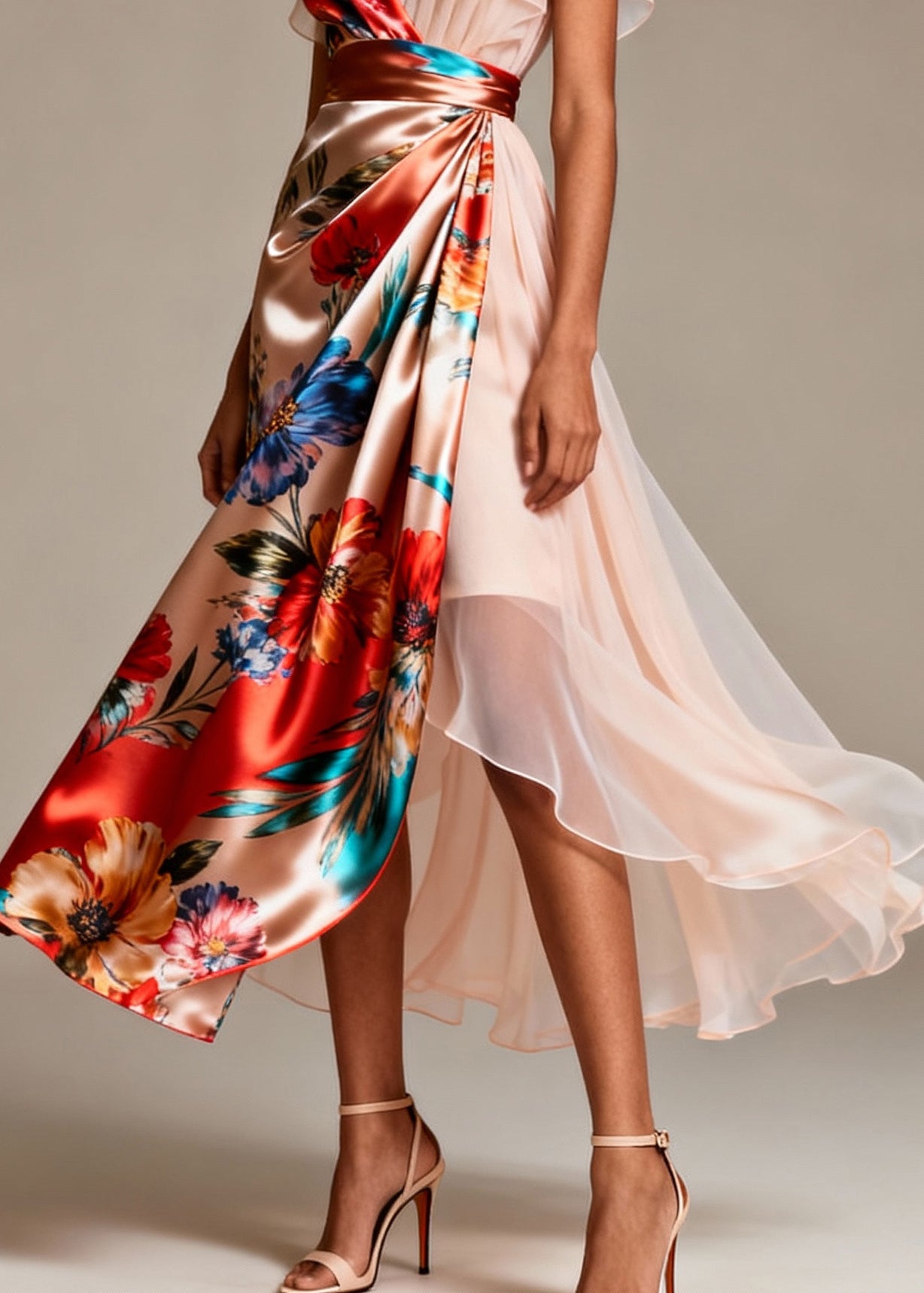 Champagne Asymmetrical Print Silk Evening Dress Butterfly Sleeve