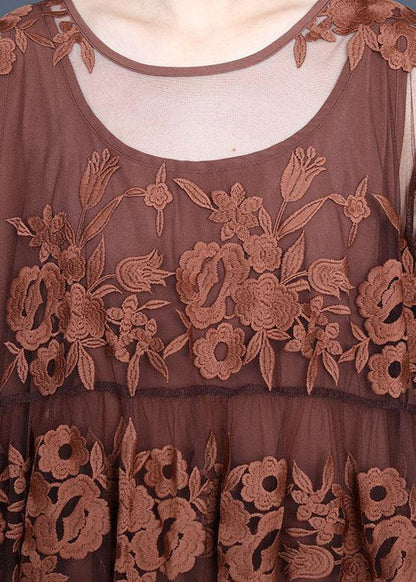 Chocolate Embroideried Summer Lace Summer Dresses Half Sleeve
