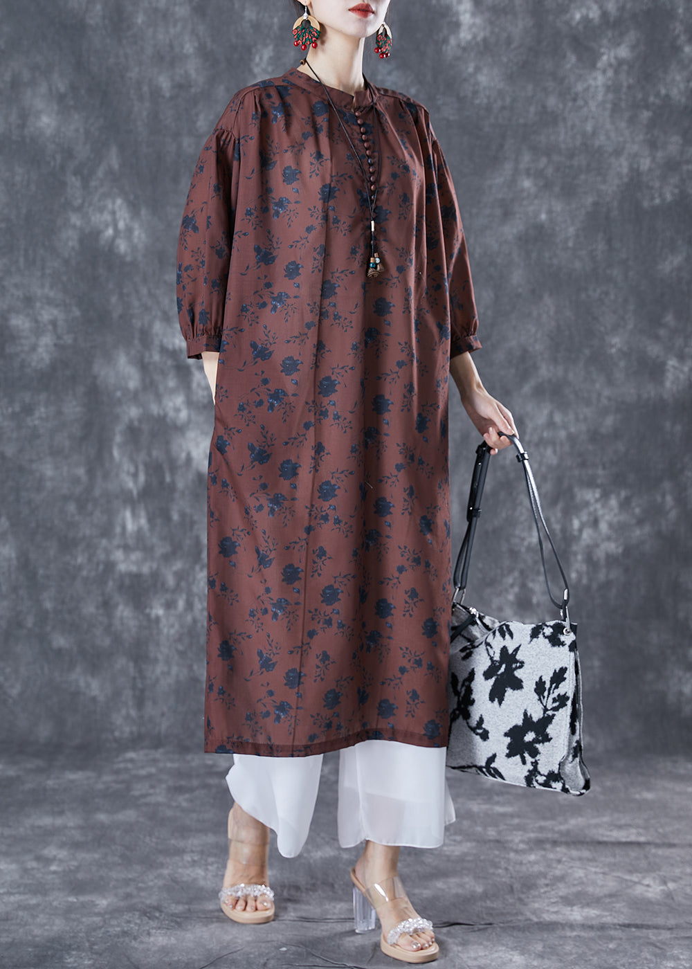 Chocolate Oversized Print Linen Maxi Dresses Bracelet Sleeve