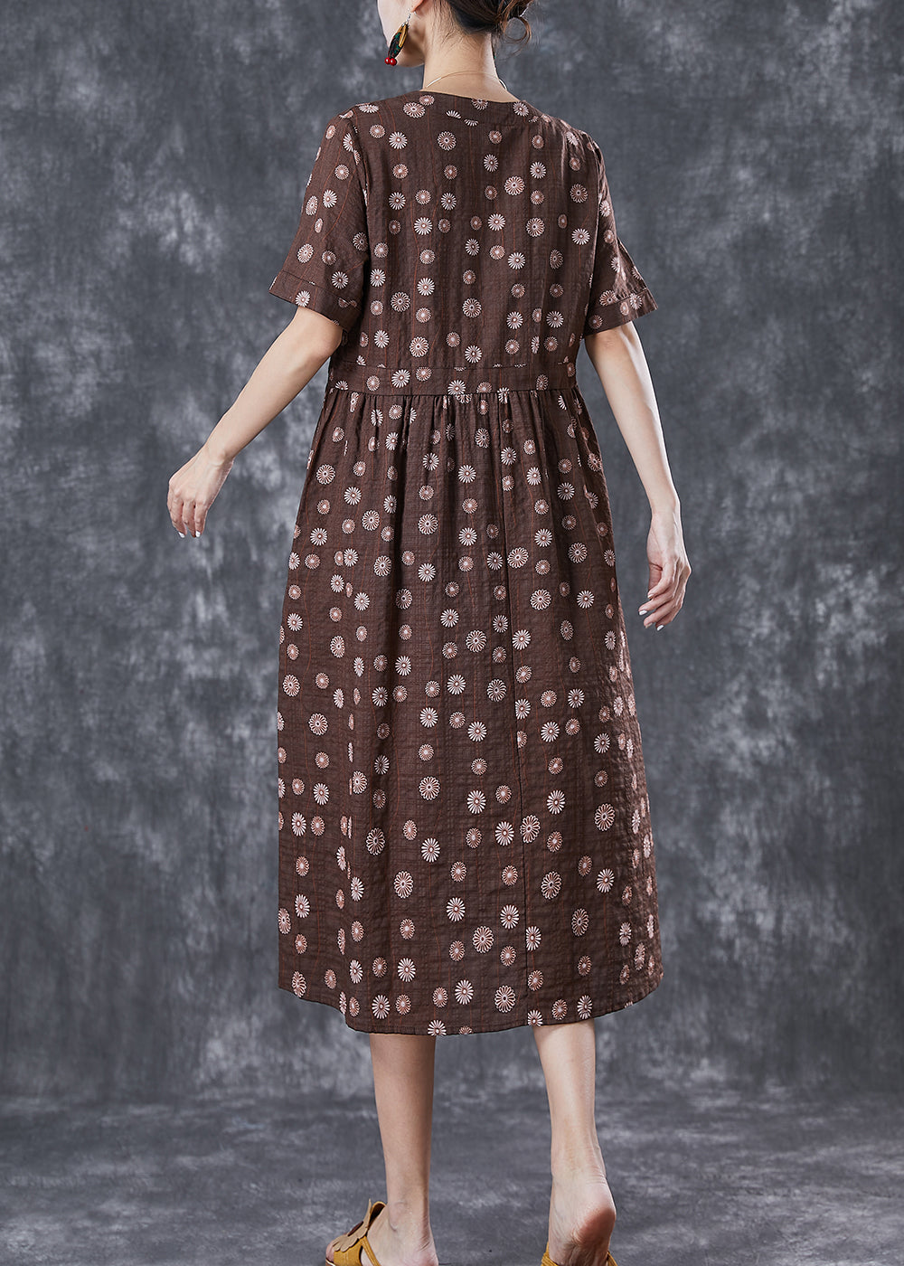 Coffee Cinched Daisy Linen Dresses Summer