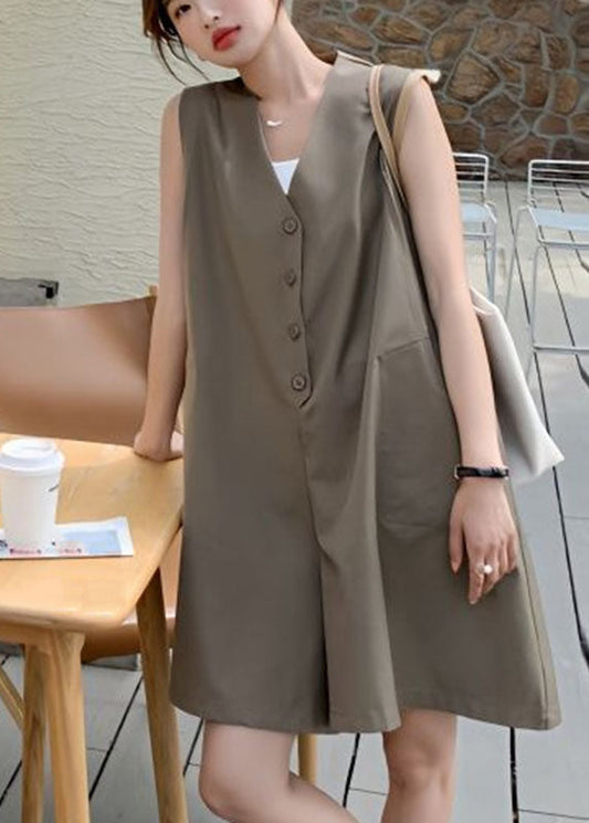 Coffee V Neck Patchwork Button Mid Dress Summer