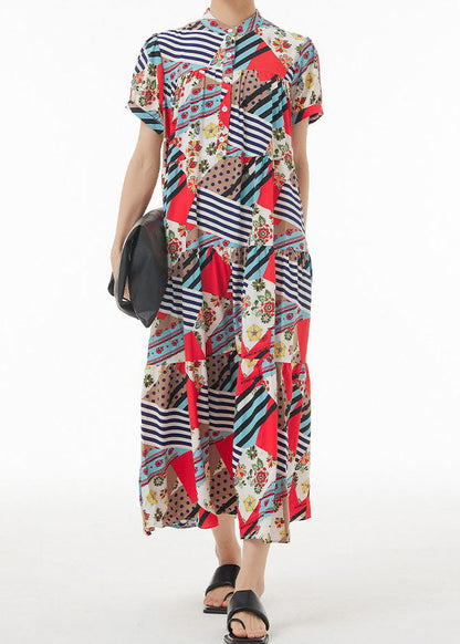 Coffee Wrinkled Print Patchwork Chiffon Dress Summer