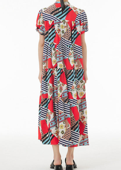 Coffee Wrinkled Print Patchwork Chiffon Dress Summer