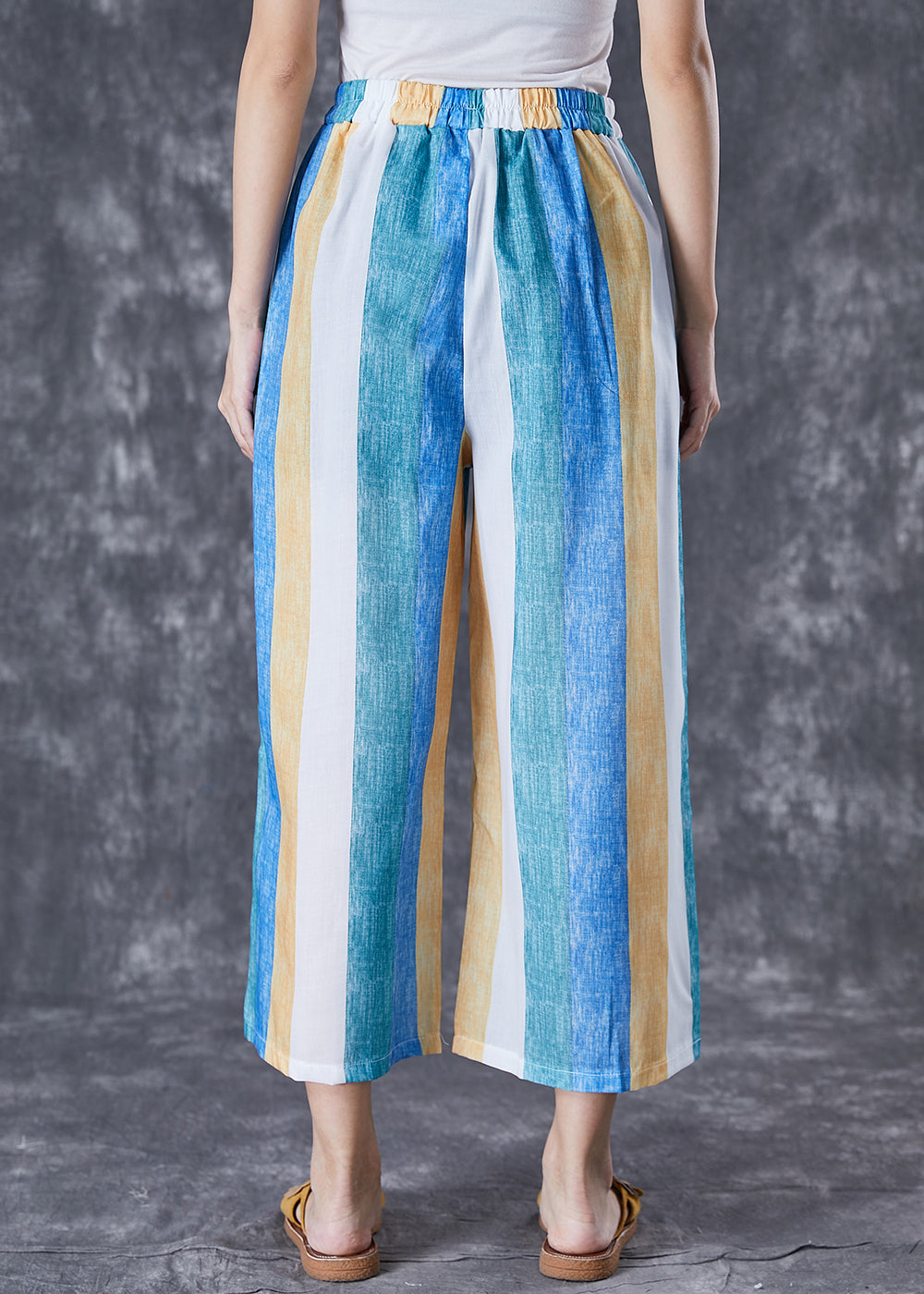 Colorblock Striped Pockets Linen Wide Leg Pants Summer
