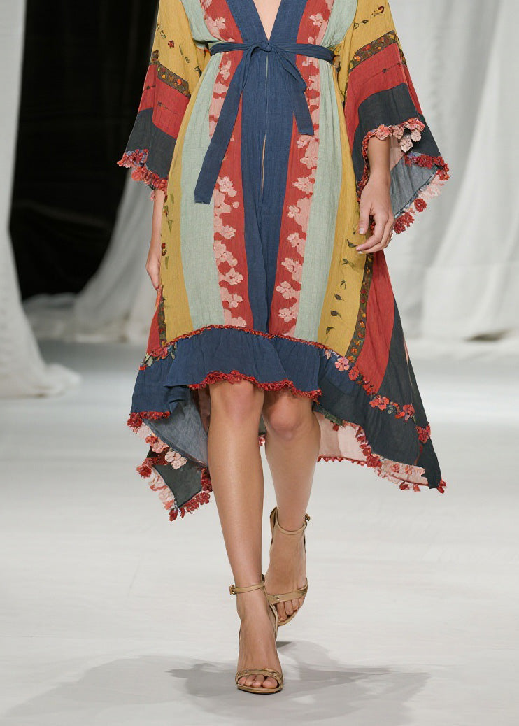 Colorblock V Neck Lace Up Cotton Dress Summer