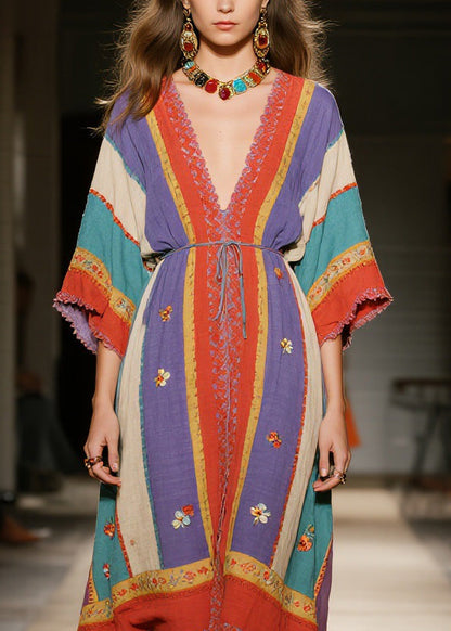Colorblock V Neck Patchwork Cotton Dress Summer