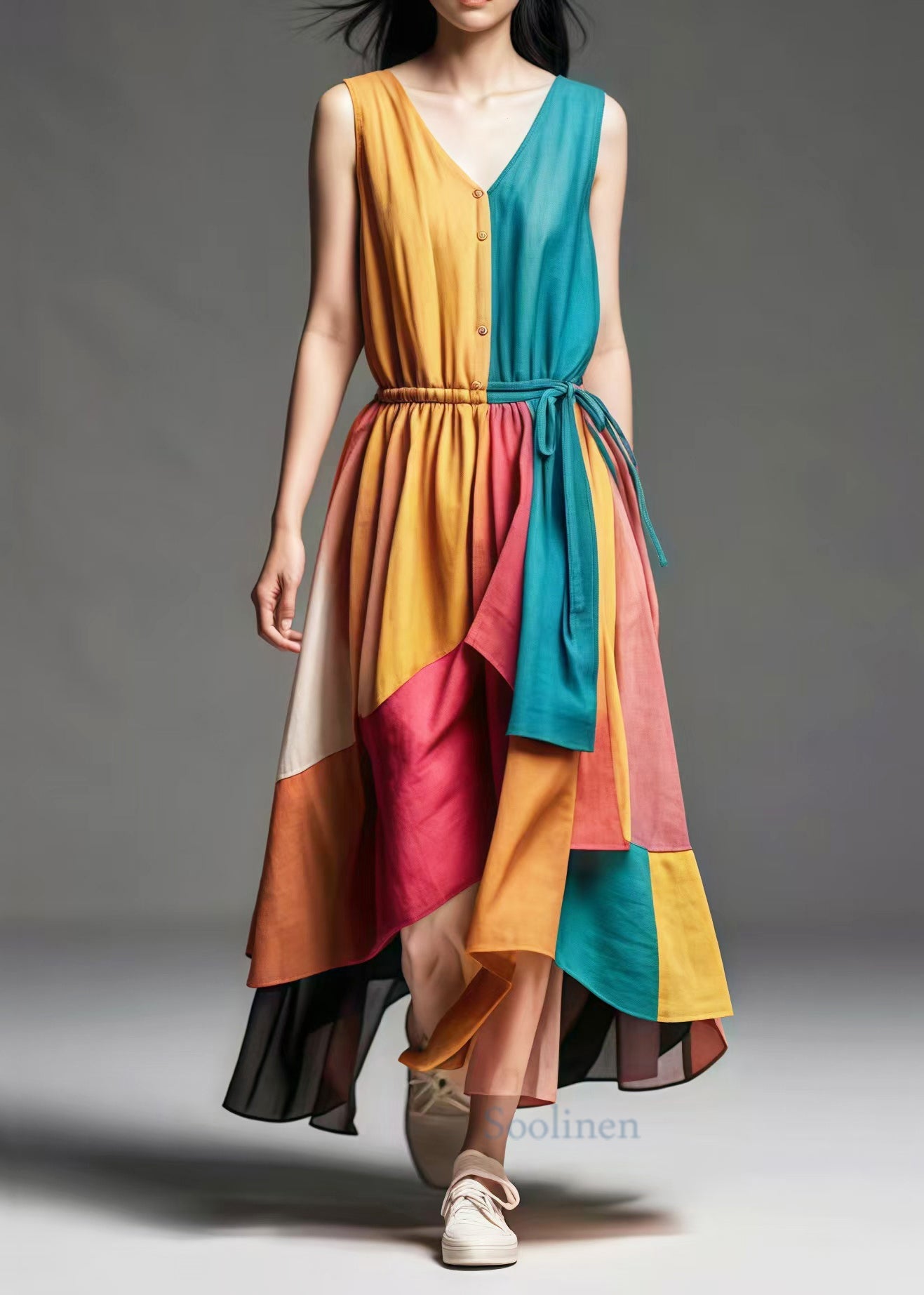 Colorblock V Neck Patchwork Cotton Cinched Dresses Summer
