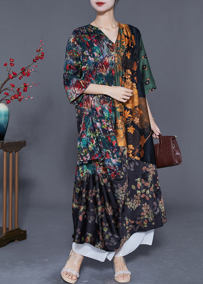 Colorblock V Neck Patchwork Wrinkled Print Silk Long Dress Summer