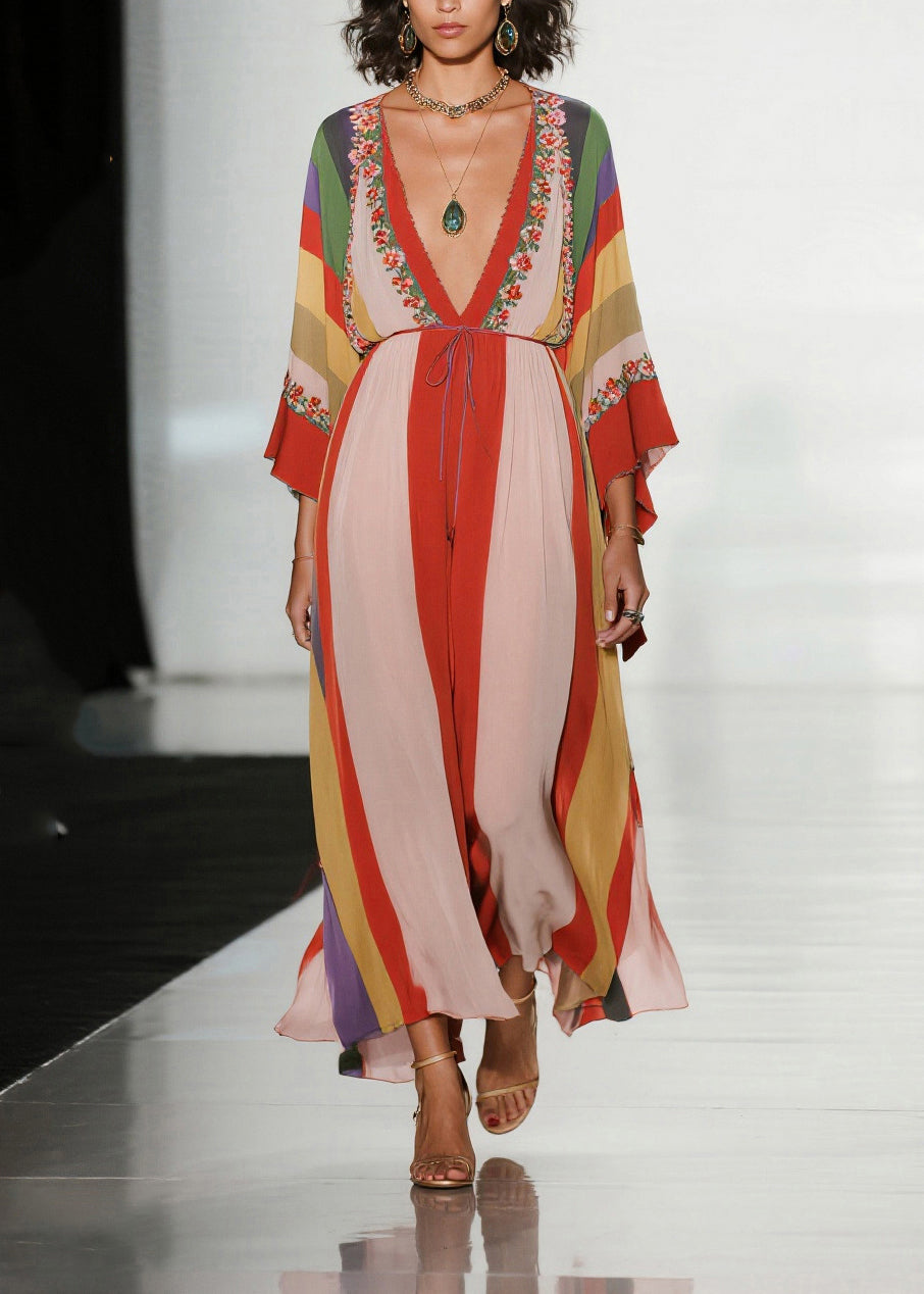 Colorblock V Neck Print Chiffon Holiday Dress Summer