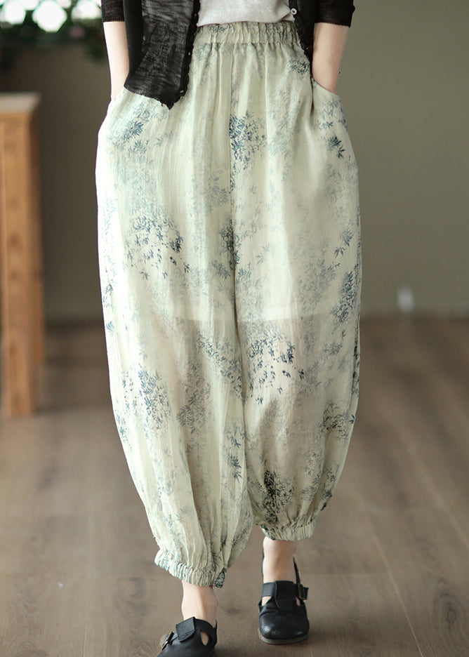 Cyan Pockets Print Linen Lantern Pants Summer