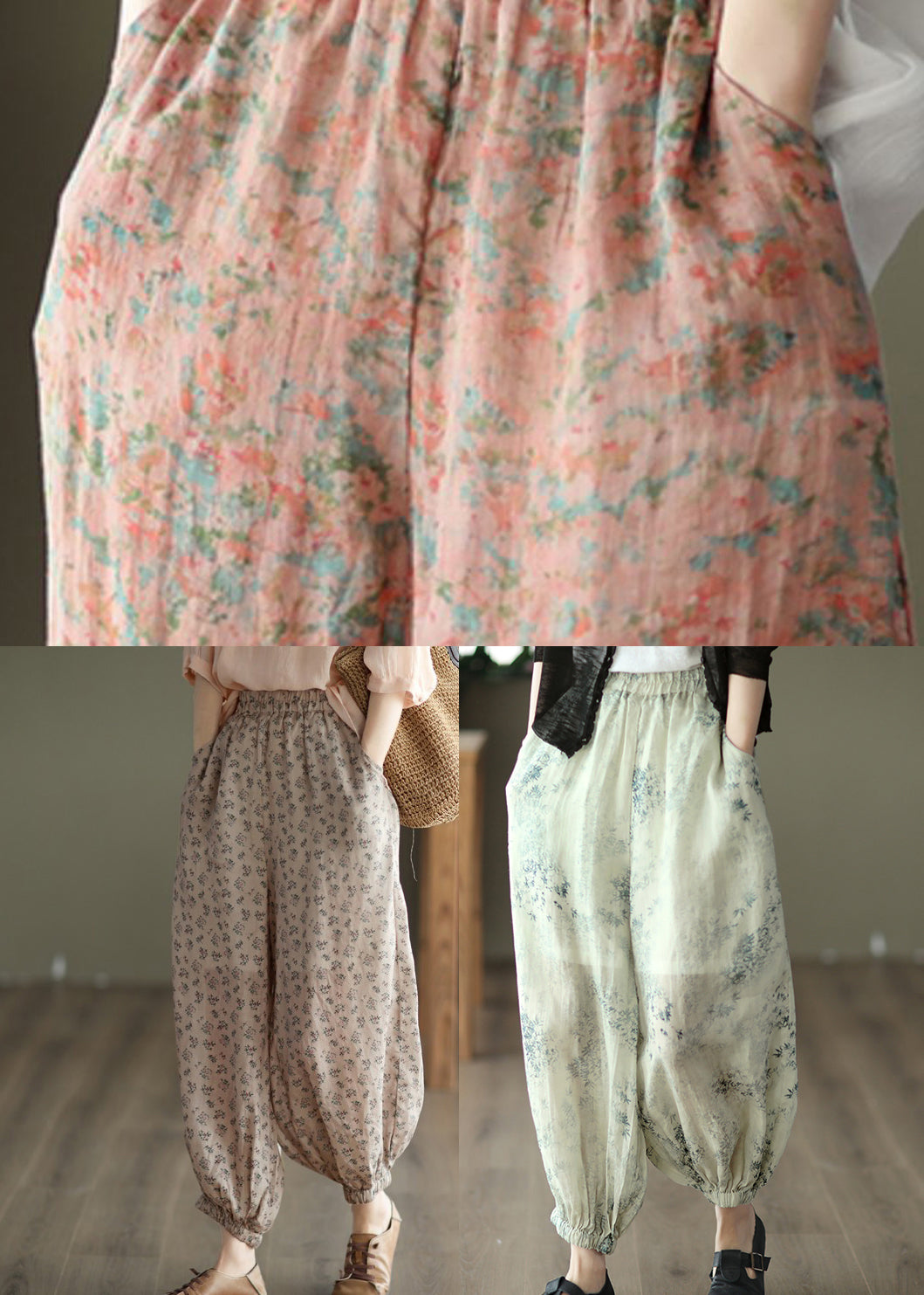 Cyan Pockets Print Linen Lantern Pants Summer